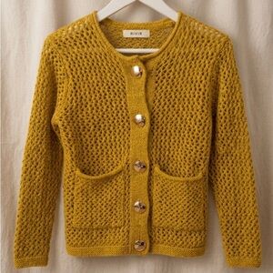 New Rivir Mustard Open-Knit Women’s Cardigan Sweater With Gold Buttons